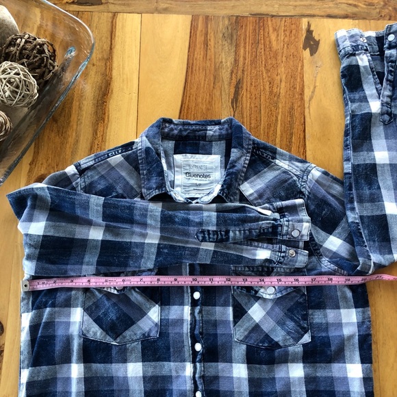BLUENOTES -SP- Plaid, Boyfriend Fit, Pearl Snap Down Shirt in multi blue & white - Picture 5 of 7
